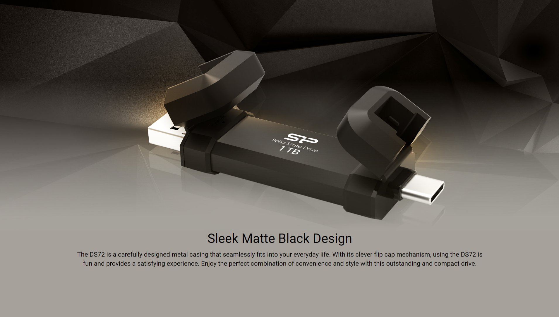 A large marketing image providing additional information about the product Silicon Power DS72 1TB USB Type C & A 3.2 Gen 2 SSD Flash Drive - Black - Additional alt info not provided